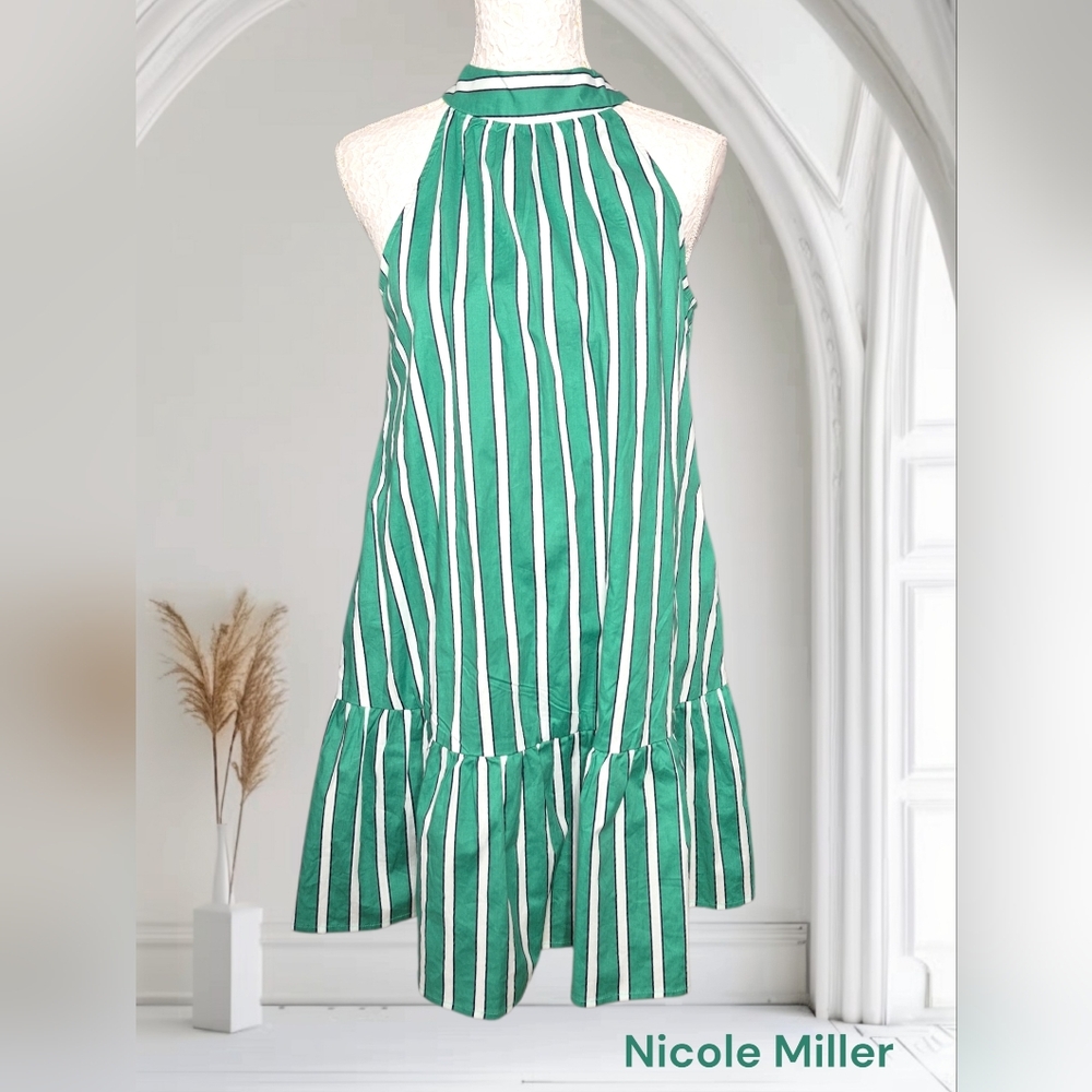 Nicole Miller Green & White Striped Tie Back Neck Flounce Peplum Hem Dress NWT 